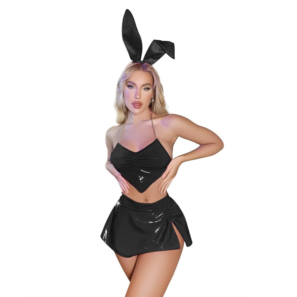 9373 Bunny Ear Headband Crop Top G-String Mini Skirt Set Girl Sexy Bunny